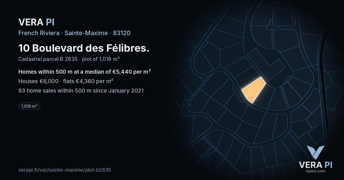 10 Boulevard des Félibres, Sainte-Maxime at night – the plot lit, the parcels around coloured by the prices near them