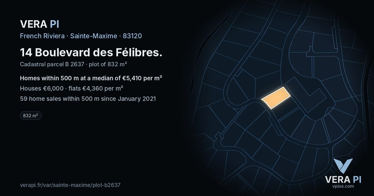 14 Boulevard des Félibres, Sainte-Maxime at night – the plot lit, the parcels around coloured by the prices near them