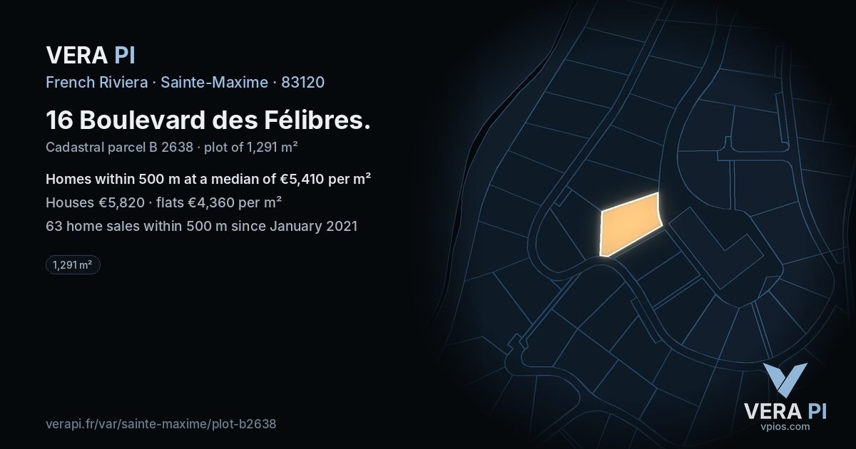 16 Boulevard des Félibres, Sainte-Maxime at night – the plot lit, the parcels around coloured by the prices near them