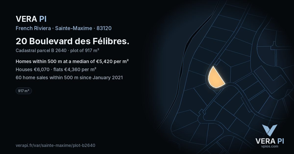 20 Boulevard des Félibres, Sainte-Maxime at night – the plot lit, the parcels around coloured by the prices near them