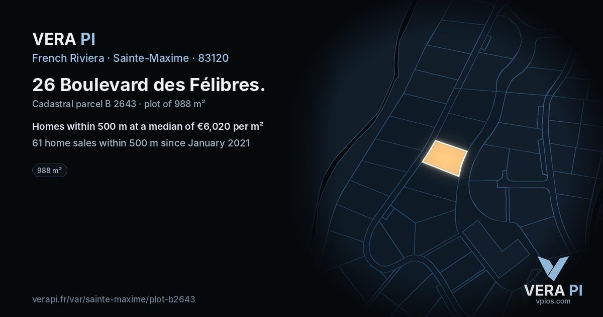 26 Boulevard des Félibres, Sainte-Maxime at night – the plot lit, the parcels around coloured by the prices near them