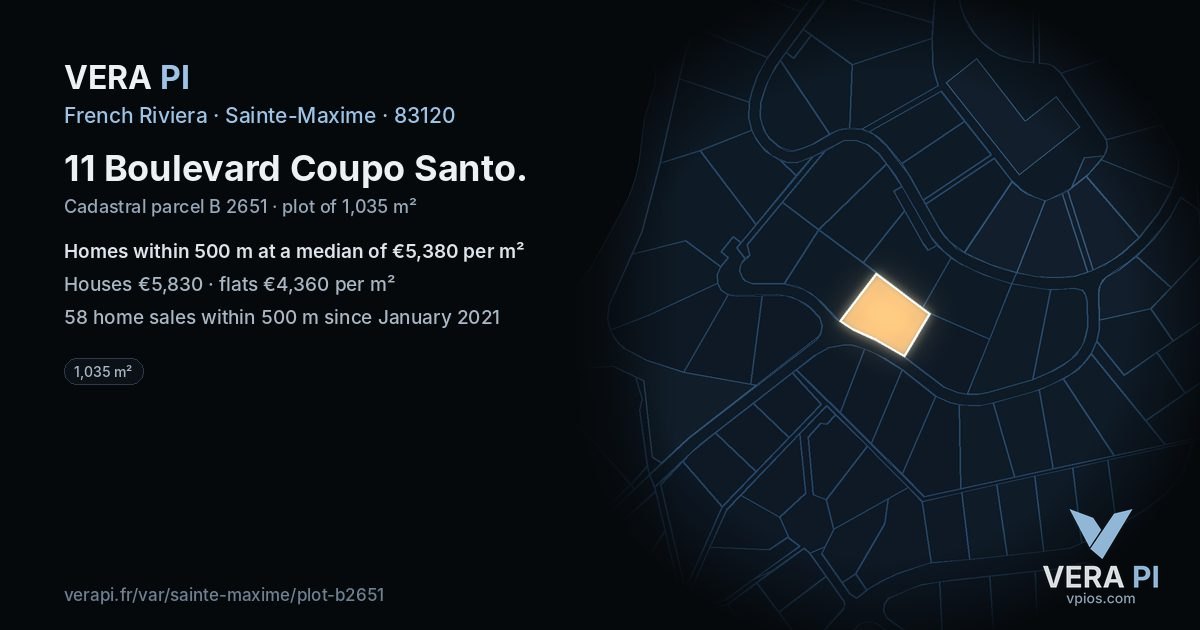 11 Boulevard Coupo Santo, Sainte-Maxime at night – the plot lit, the parcels around coloured by the prices near them