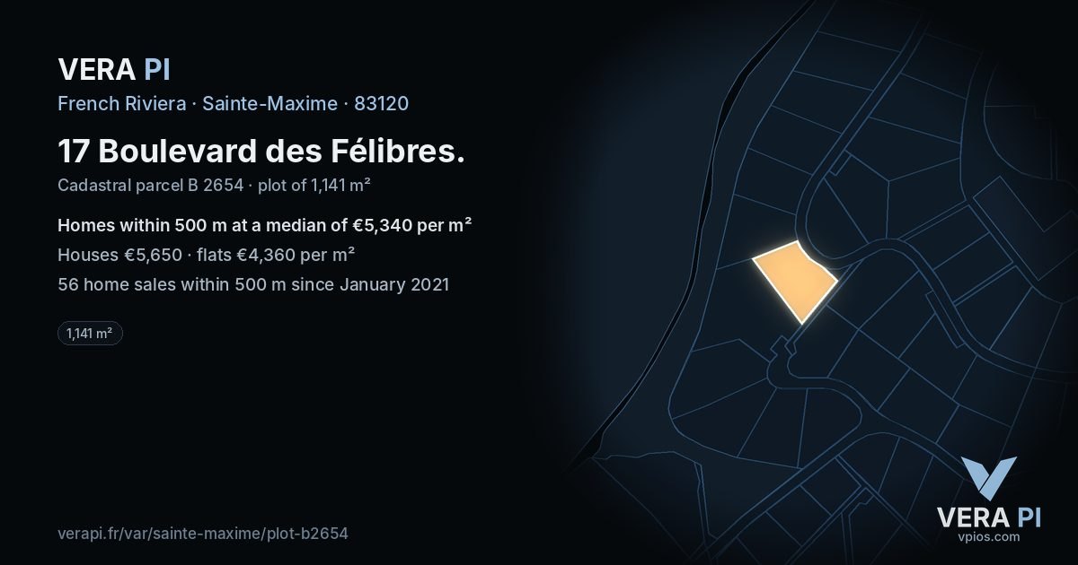 17 Boulevard des Félibres, Sainte-Maxime at night – the plot lit, the parcels around coloured by the prices near them