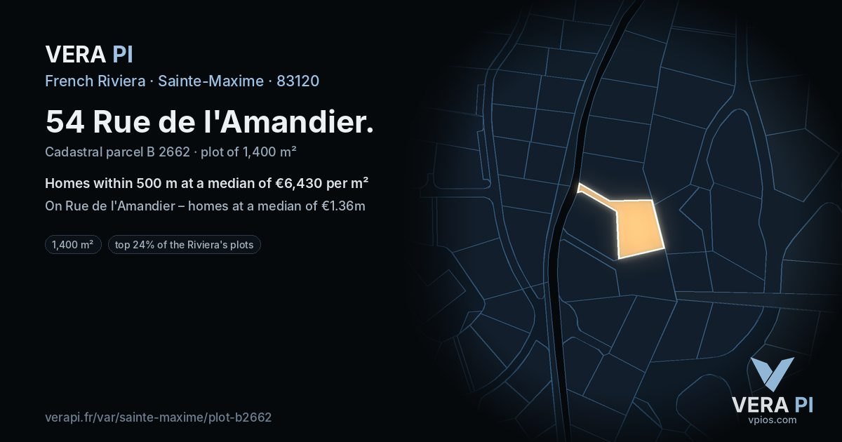 54 Rue de l'Amandier, Sainte-Maxime at night – the plot lit, the parcels around coloured by the prices near them