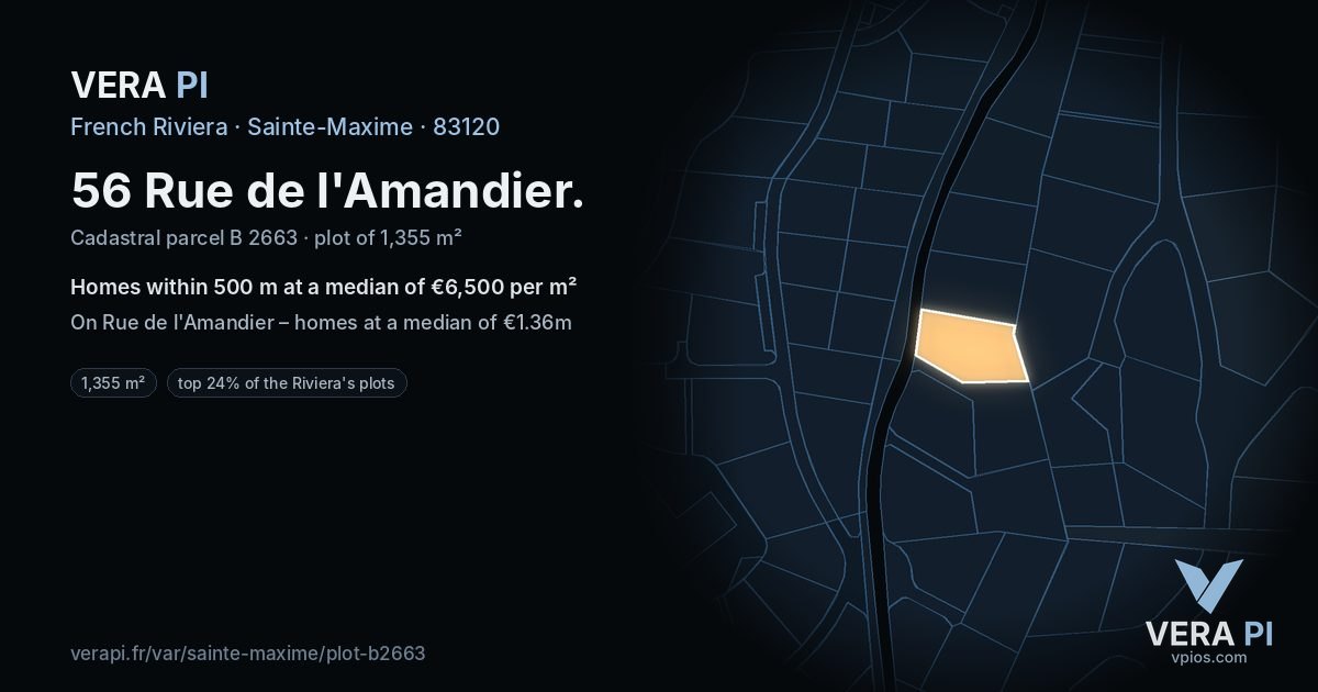 56 Rue de l'Amandier, Sainte-Maxime at night – the plot lit, the parcels around coloured by the prices near them