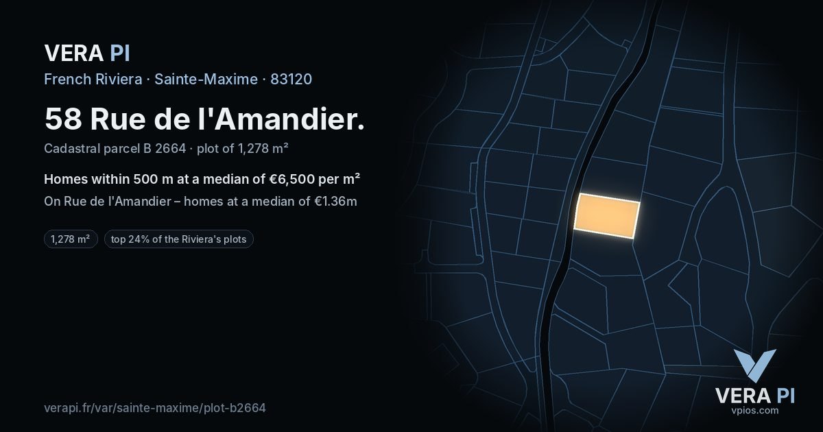 58 Rue de l'Amandier, Sainte-Maxime at night – the plot lit, the parcels around coloured by the prices near them
