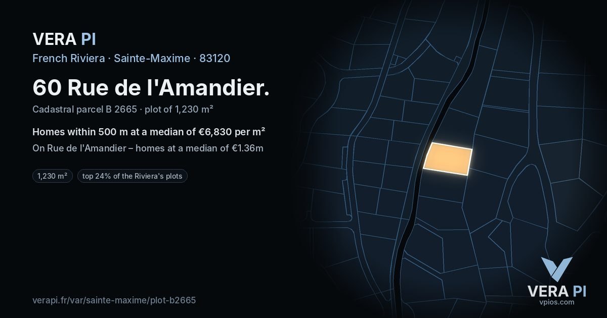 60 Rue de l'Amandier, Sainte-Maxime at night – the plot lit, the parcels around coloured by the prices near them