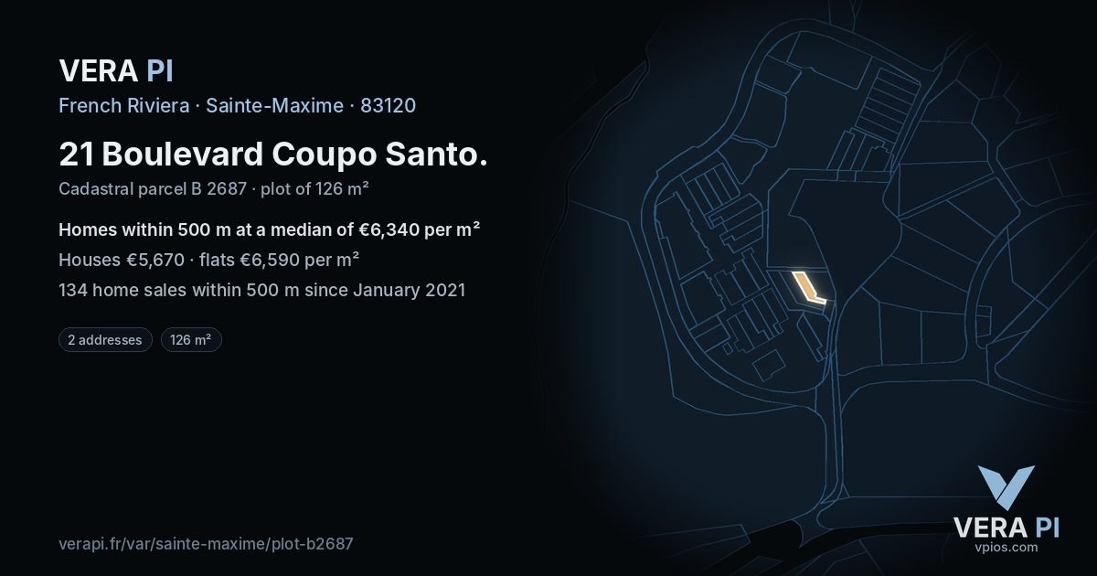 21 Boulevard Coupo Santo, Sainte-Maxime at night – the plot lit, the parcels around coloured by the prices near them