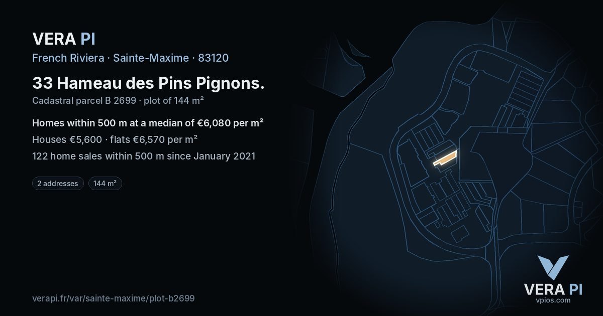 33 Hameau des Pins Pignons, Sainte-Maxime at night – the plot lit, the parcels around coloured by the prices near them