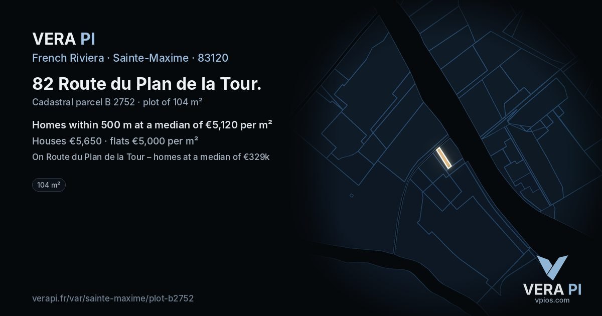 82 Route du Plan de la Tour, Sainte-Maxime at night – the plot lit, the parcels around coloured by the prices near them