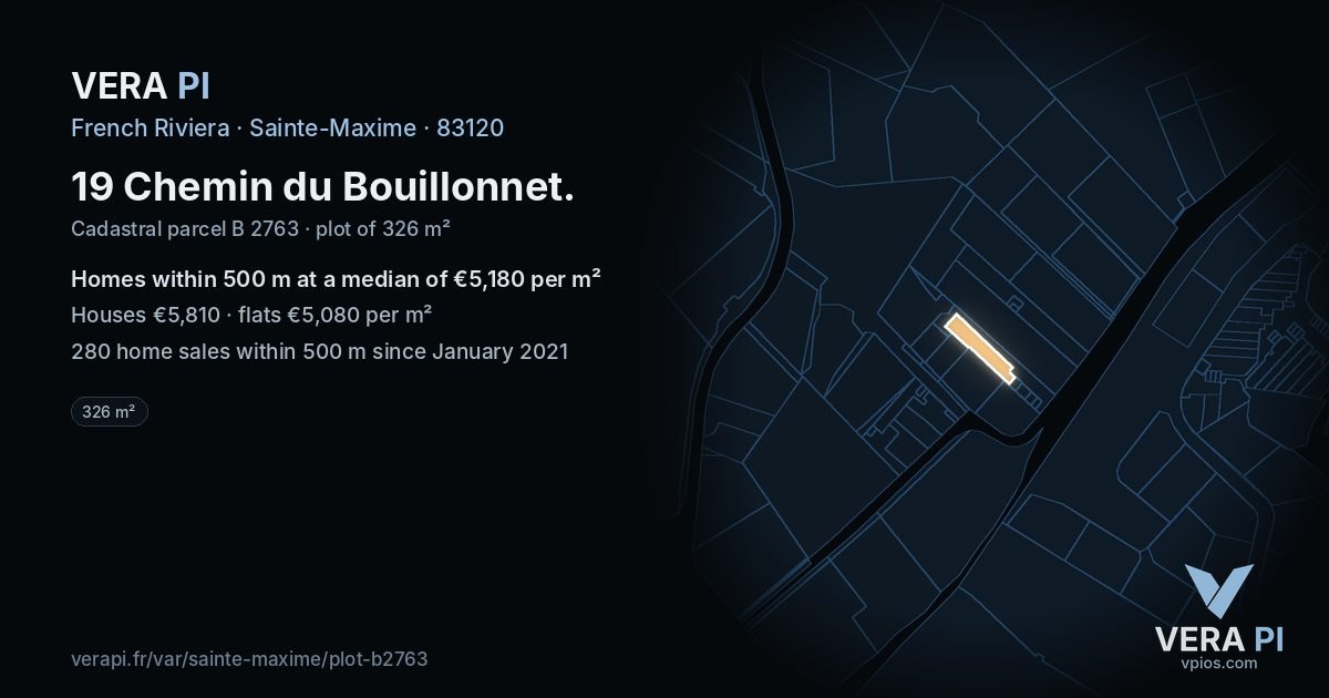 19 Chemin du Bouillonnet, Sainte-Maxime at night – the plot lit, the parcels around coloured by the prices near them