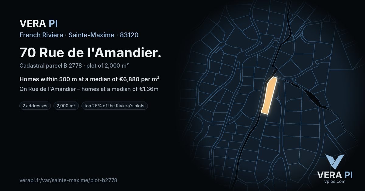70 Rue de l'Amandier, Sainte-Maxime at night – the plot lit, the parcels around coloured by the prices near them