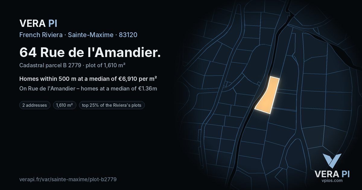 64 Rue de l'Amandier, Sainte-Maxime at night – the plot lit, the parcels around coloured by the prices near them