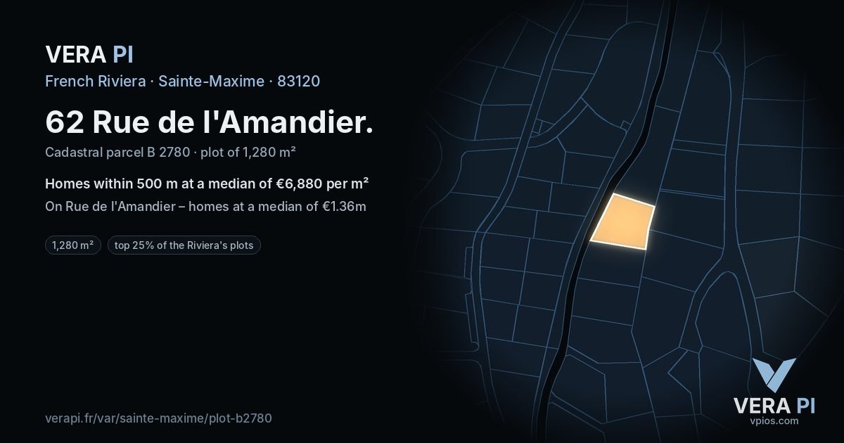 62 Rue de l'Amandier, Sainte-Maxime at night – the plot lit, the parcels around coloured by the prices near them