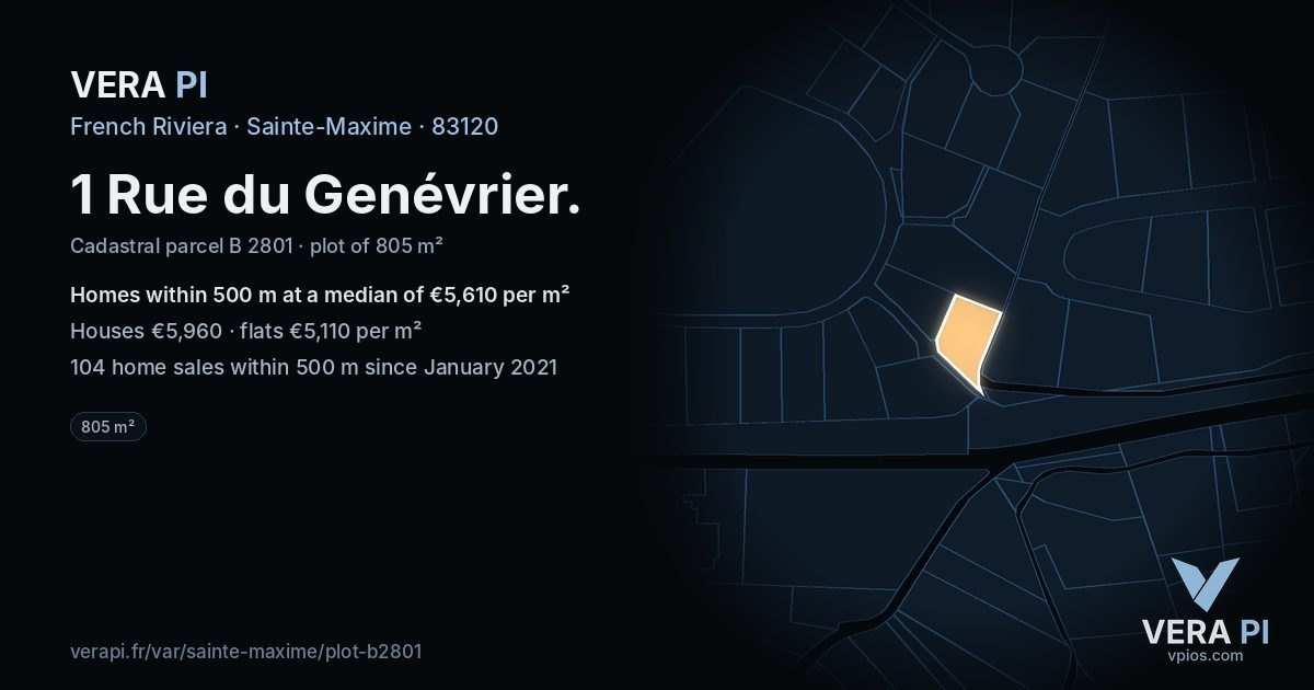 1 Rue du Genévrier, Sainte-Maxime at night – the plot lit, the parcels around coloured by the prices near them