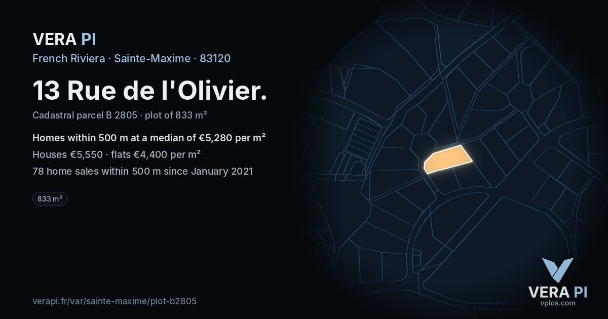 13 Rue de l'Olivier, Sainte-Maxime at night – the plot lit, the parcels around coloured by the prices near them