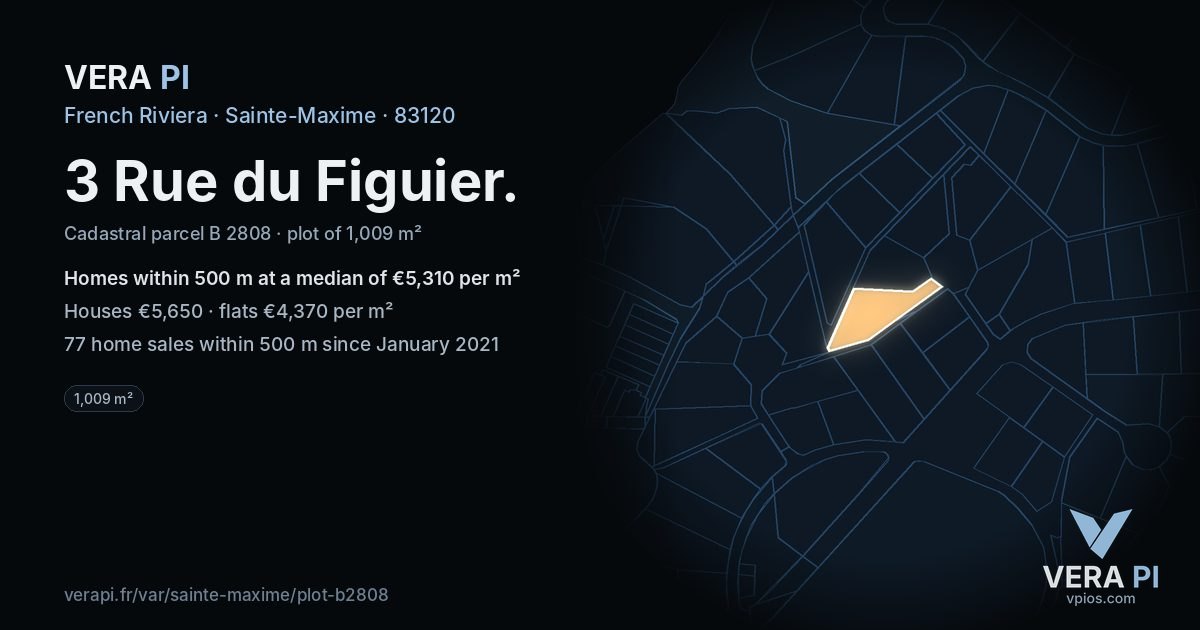 3 Rue du Figuier, Sainte-Maxime at night – the plot lit, the parcels around coloured by the prices near them