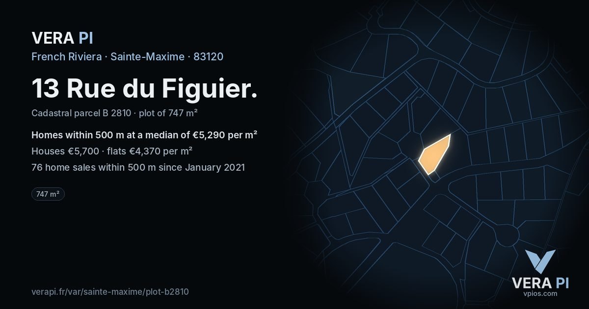 13 Rue du Figuier, Sainte-Maxime at night – the plot lit, the parcels around coloured by the prices near them
