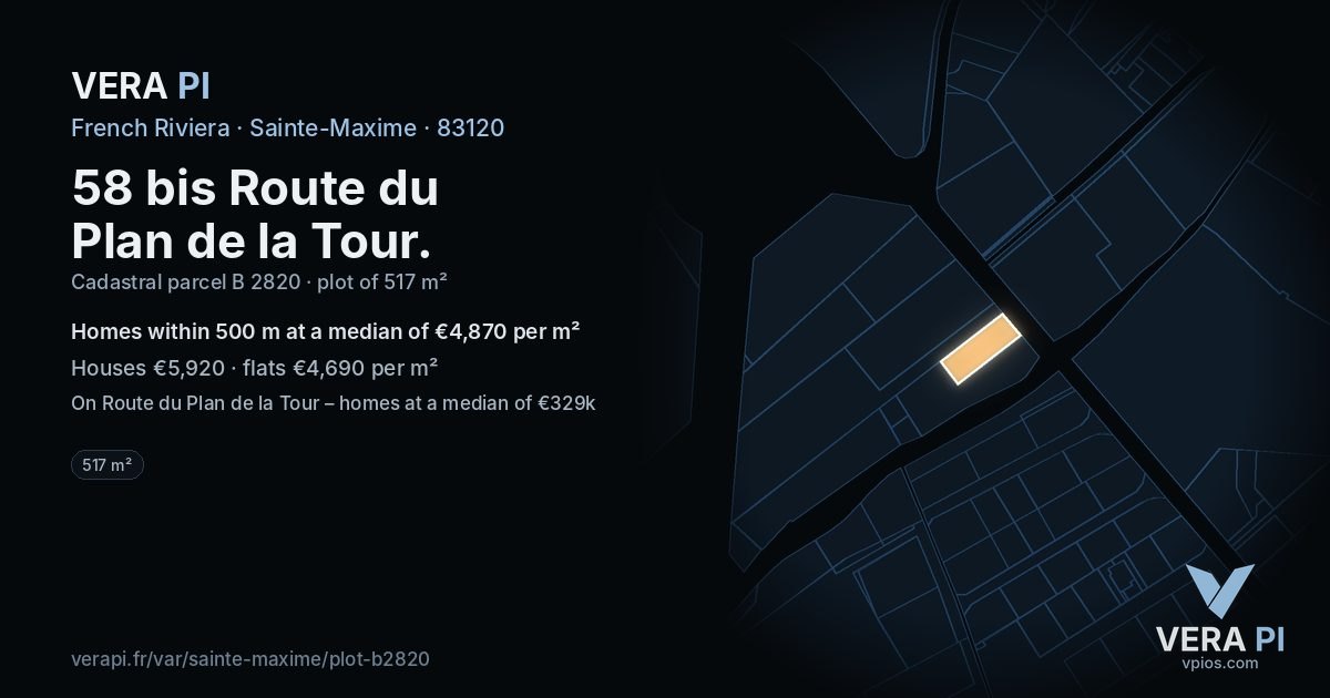 58 bis Route du Plan de la Tour, Sainte-Maxime at night – the plot lit, the parcels around coloured by the prices near them