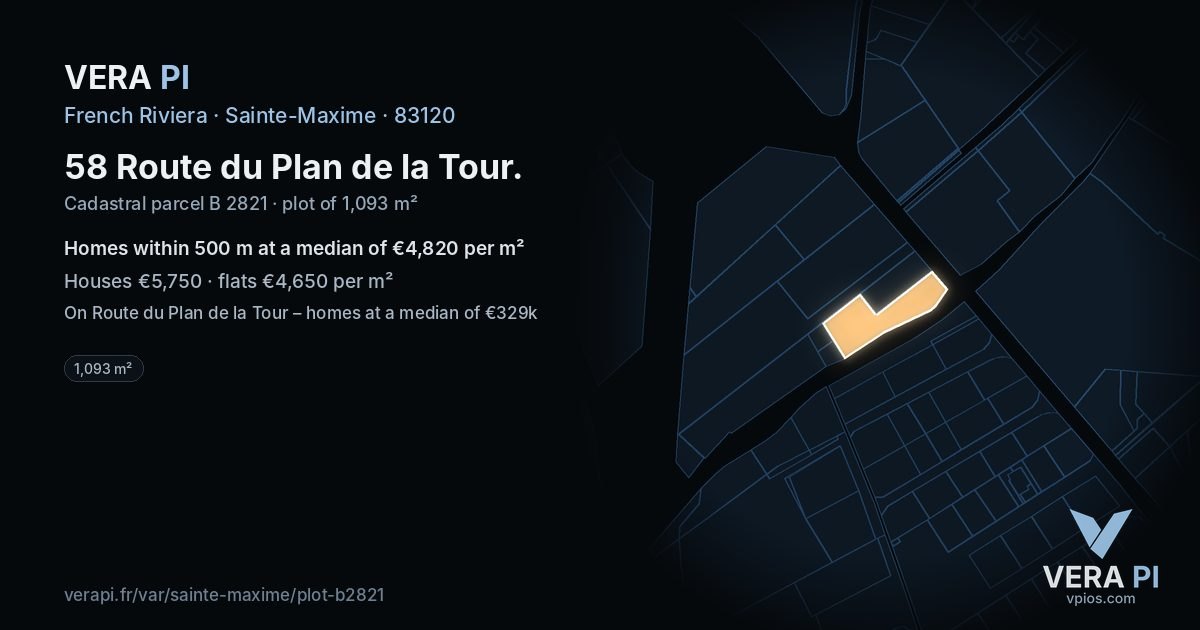 58 Route du Plan de la Tour, Sainte-Maxime at night – the plot lit, the parcels around coloured by the prices near them