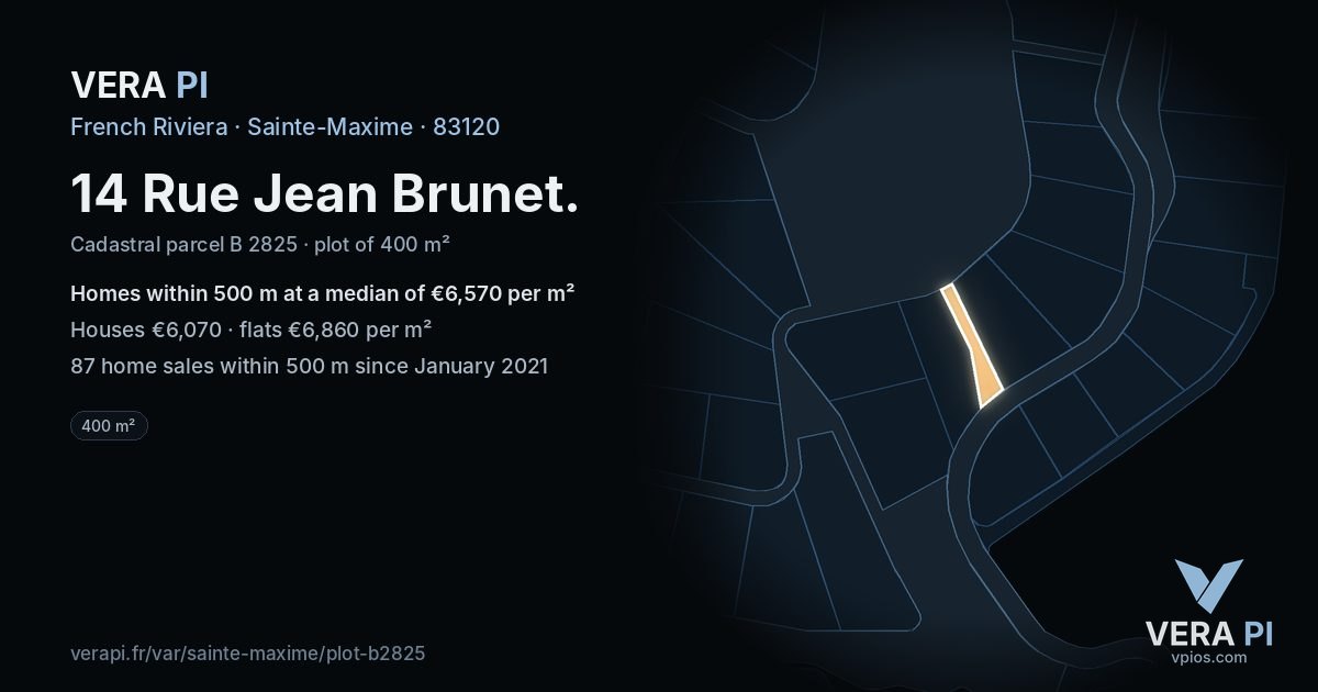 14 Rue Jean Brunet, Sainte-Maxime at night – the plot lit, the parcels around coloured by the prices near them