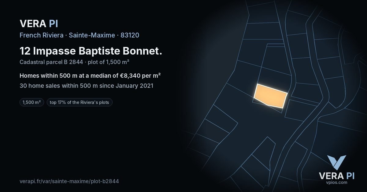 12 Impasse Baptiste Bonnet, Sainte-Maxime at night – the plot lit, the parcels around coloured by the prices near them