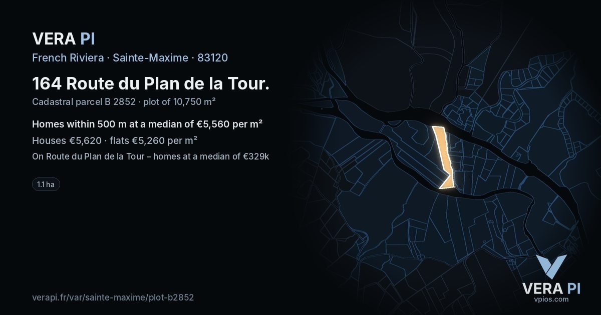 164 Route du Plan de la Tour, Sainte-Maxime at night – the plot lit, the parcels around coloured by the prices near them