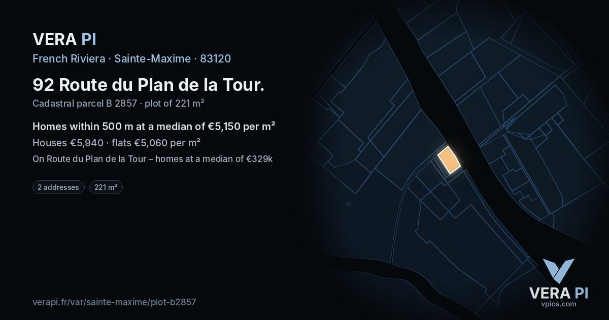 92 Route du Plan de la Tour, Sainte-Maxime at night – the plot lit, the parcels around coloured by the prices near them