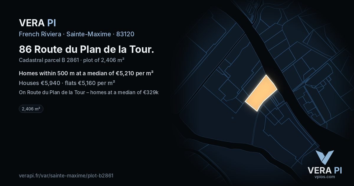 86 Route du Plan de la Tour, Sainte-Maxime at night – the plot lit, the parcels around coloured by the prices near them