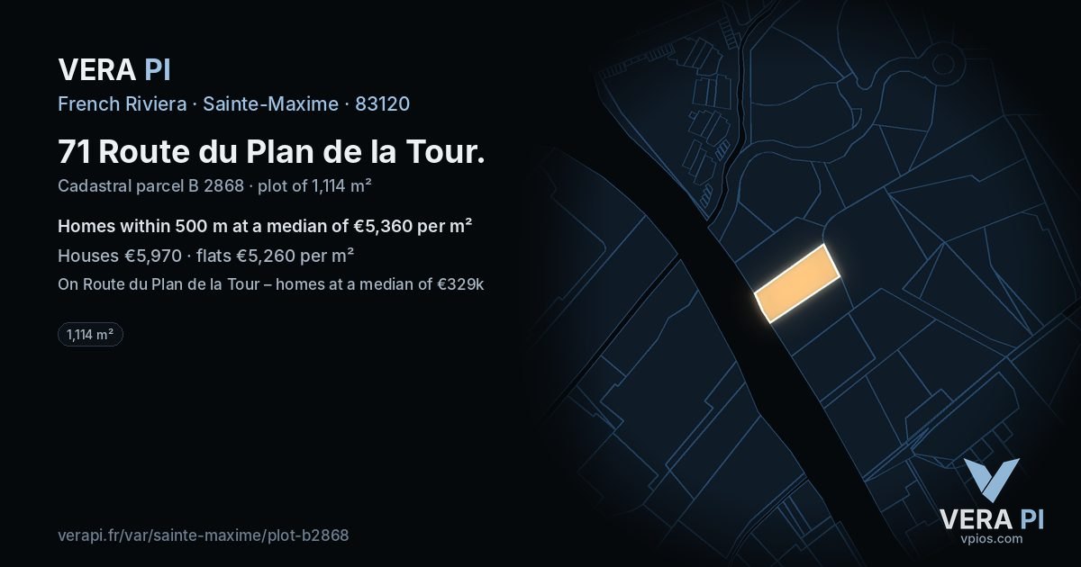 71 Route du Plan de la Tour, Sainte-Maxime at night – the plot lit, the parcels around coloured by the prices near them