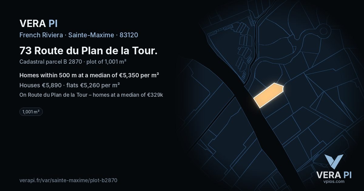 73 Route du Plan de la Tour, Sainte-Maxime at night – the plot lit, the parcels around coloured by the prices near them