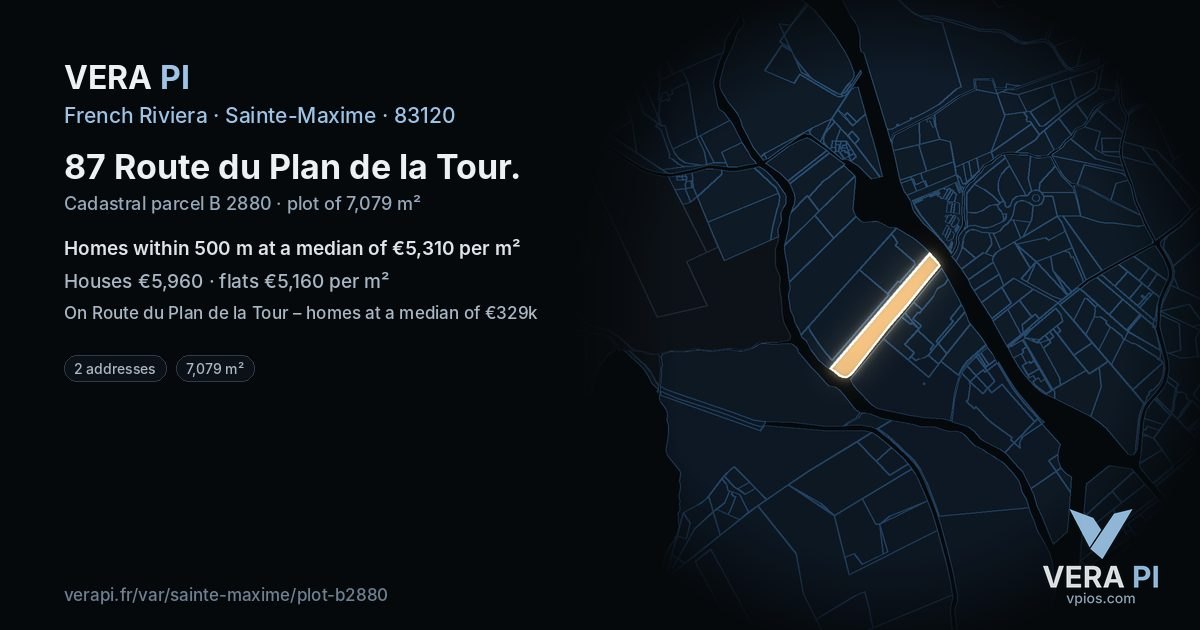 87 Route du Plan de la Tour, Sainte-Maxime at night – the plot lit, the parcels around coloured by the prices near them