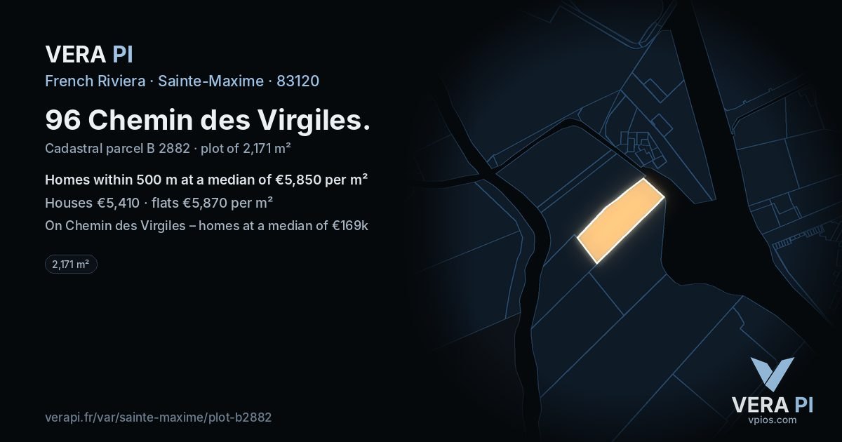 96 Chemin des Virgiles, Sainte-Maxime at night – the plot lit, the parcels around coloured by the prices near them