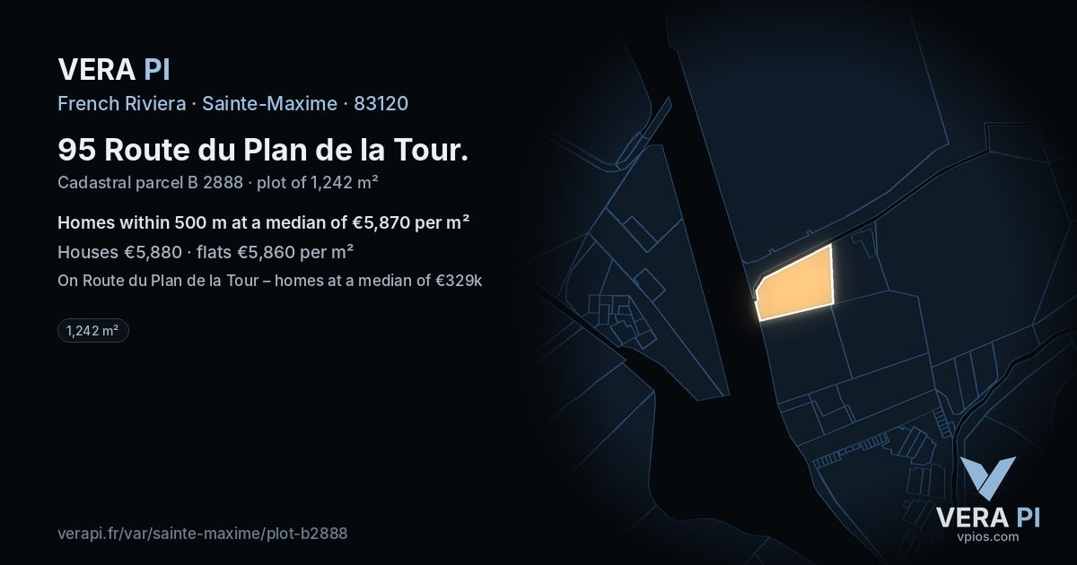 95 Route du Plan de la Tour, Sainte-Maxime at night – the plot lit, the parcels around coloured by the prices near them