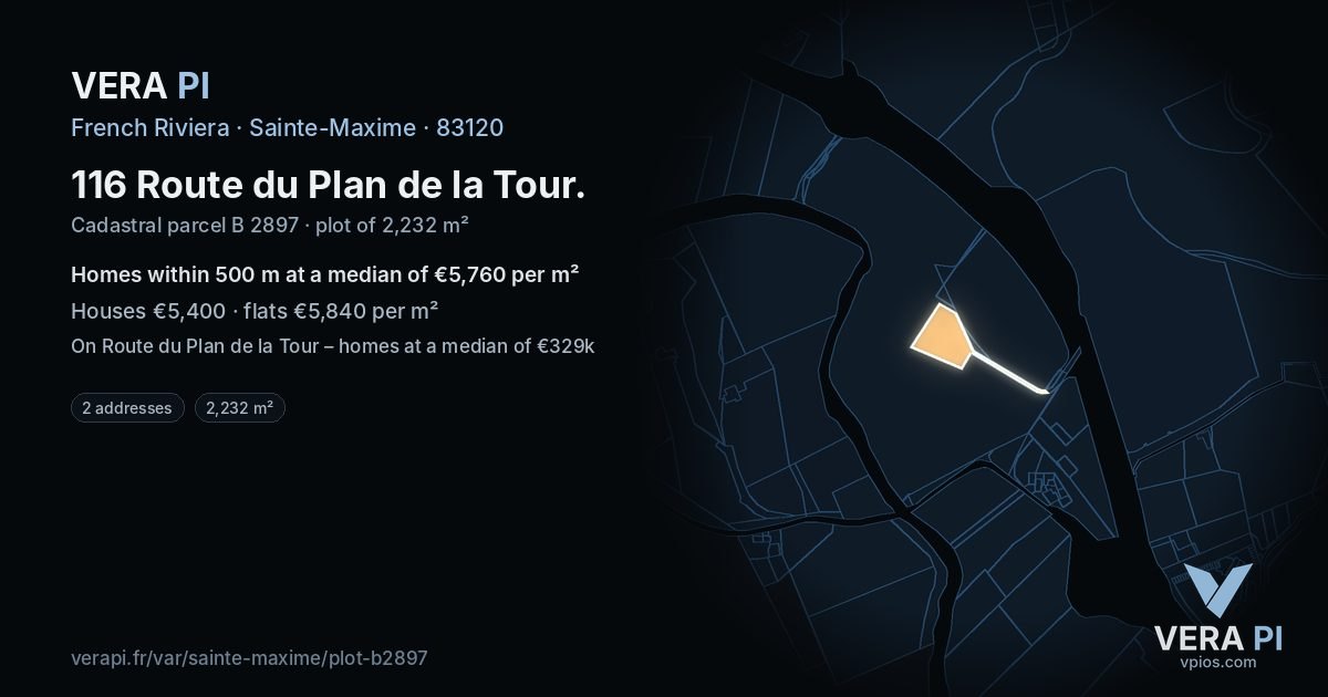 116 Route du Plan de la Tour, Sainte-Maxime at night – the plot lit, the parcels around coloured by the prices near them