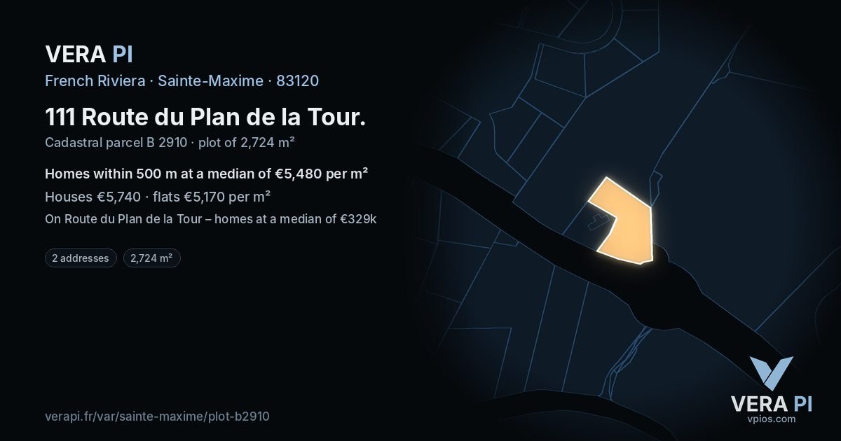 111 Route du Plan de la Tour, Sainte-Maxime at night – the plot lit, the parcels around coloured by the prices near them