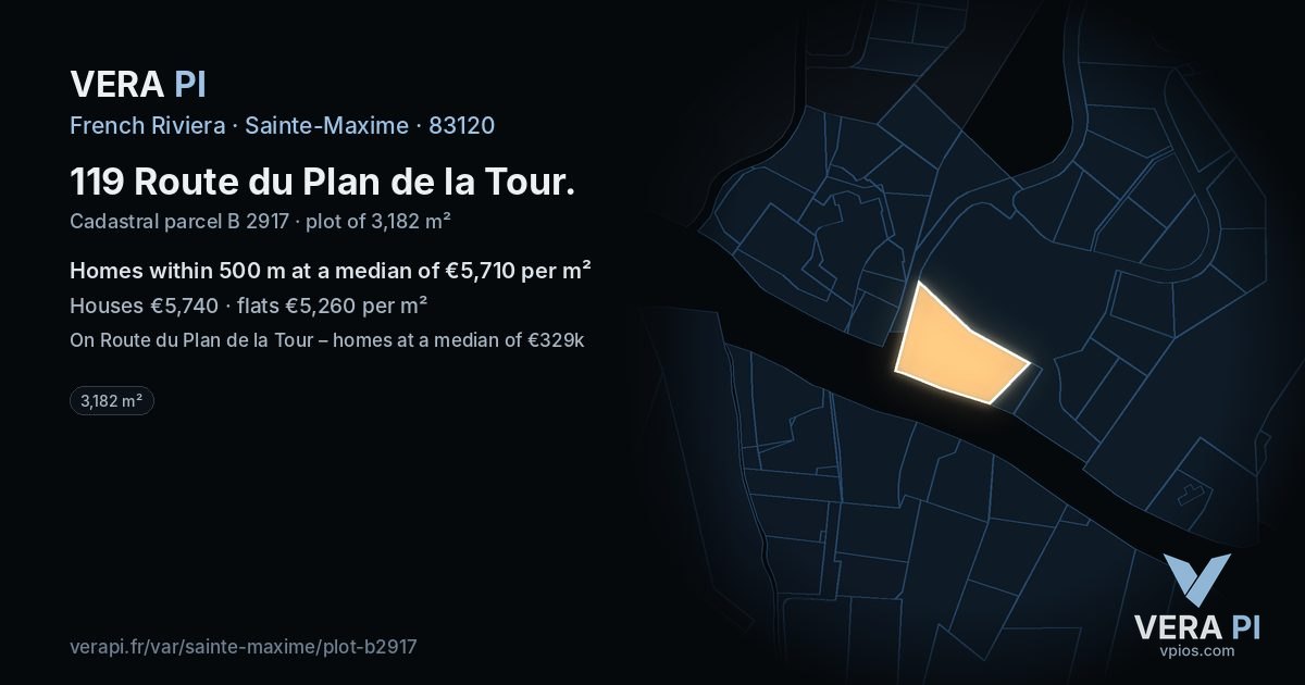 119 Route du Plan de la Tour, Sainte-Maxime at night – the plot lit, the parcels around coloured by the prices near them