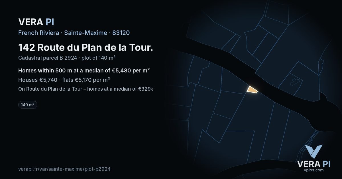 142 Route du Plan de la Tour, Sainte-Maxime at night – the plot lit, the parcels around coloured by the prices near them