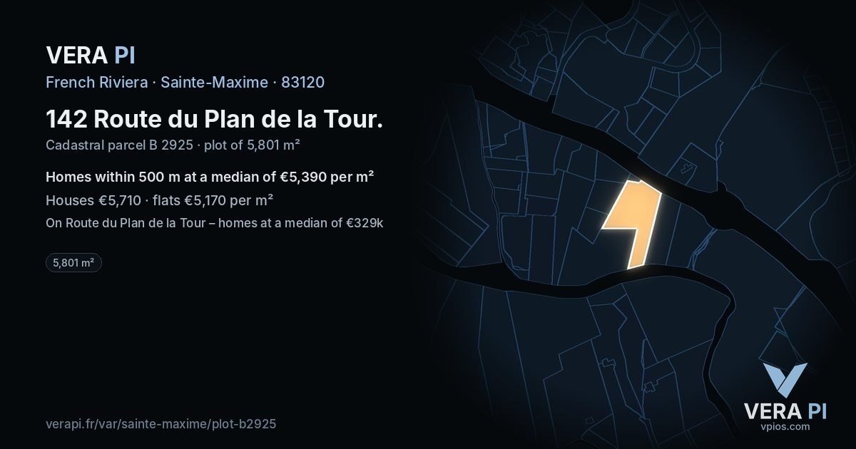 142 Route du Plan de la Tour, Sainte-Maxime at night – the plot lit, the parcels around coloured by the prices near them