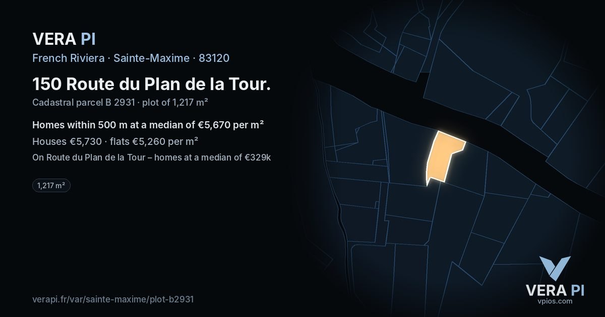 150 Route du Plan de la Tour, Sainte-Maxime at night – the plot lit, the parcels around coloured by the prices near them