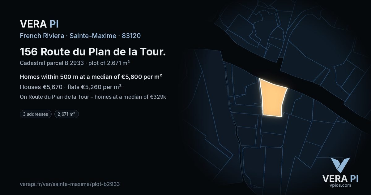 156 Route du Plan de la Tour, Sainte-Maxime at night – the plot lit, the parcels around coloured by the prices near them
