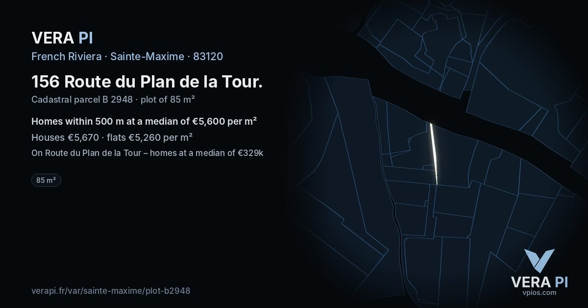 156 Route du Plan de la Tour, Sainte-Maxime at night – the plot lit, the parcels around coloured by the prices near them