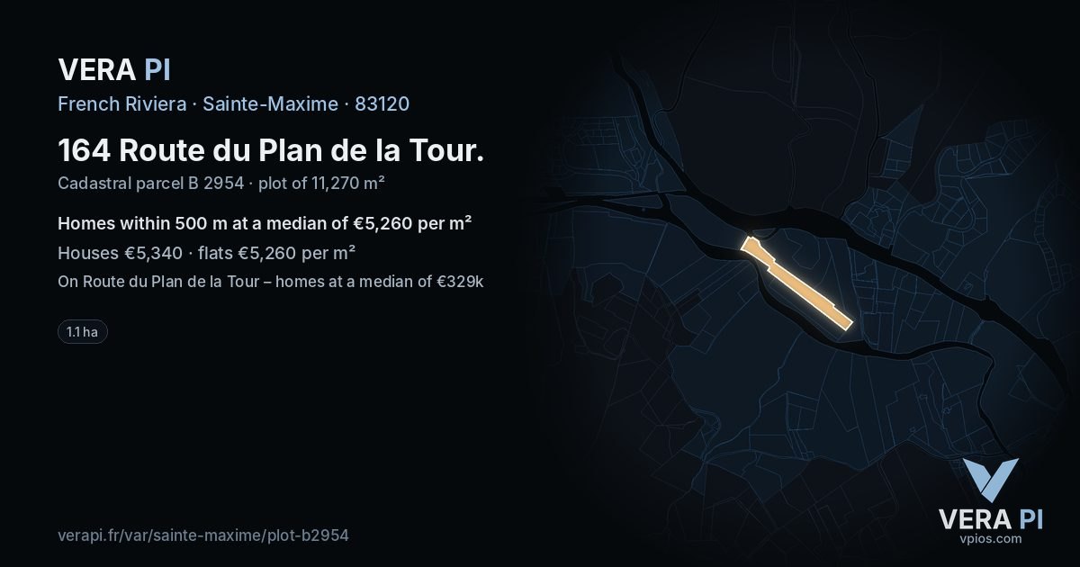 164 Route du Plan de la Tour, Sainte-Maxime at night – the plot lit, the parcels around coloured by the prices near them