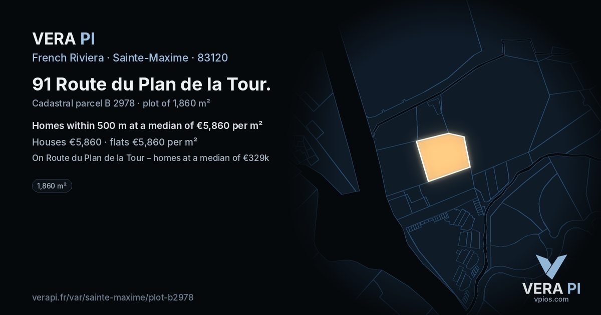 91 Route du Plan de la Tour, Sainte-Maxime at night – the plot lit, the parcels around coloured by the prices near them