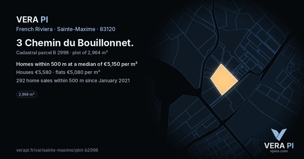 3 Chemin du Bouillonnet, Sainte-Maxime at night – the plot lit, the parcels around coloured by the prices near them