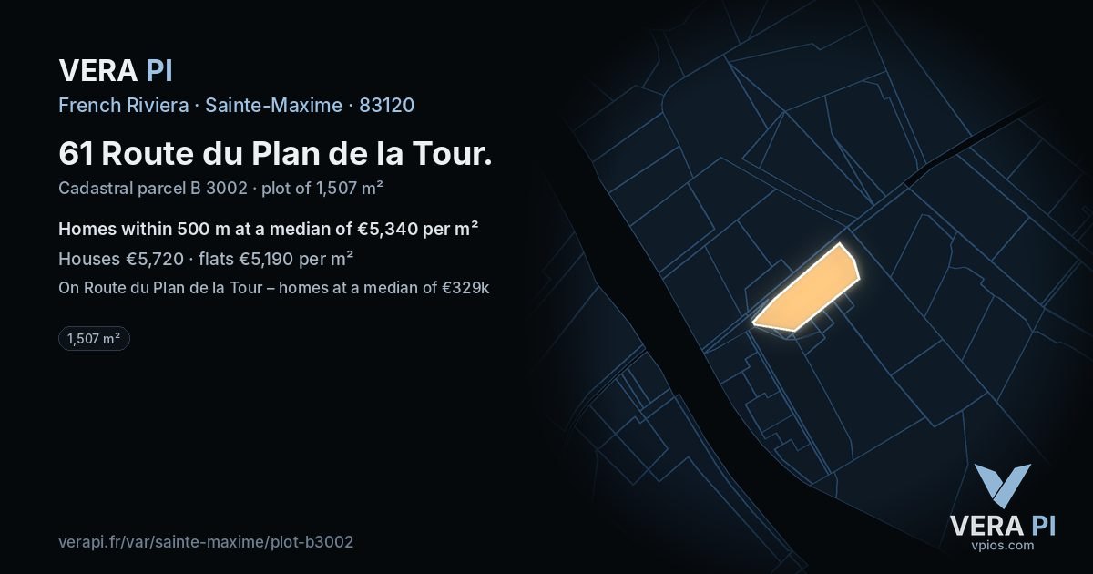 61 Route du Plan de la Tour, Sainte-Maxime at night – the plot lit, the parcels around coloured by the prices near them