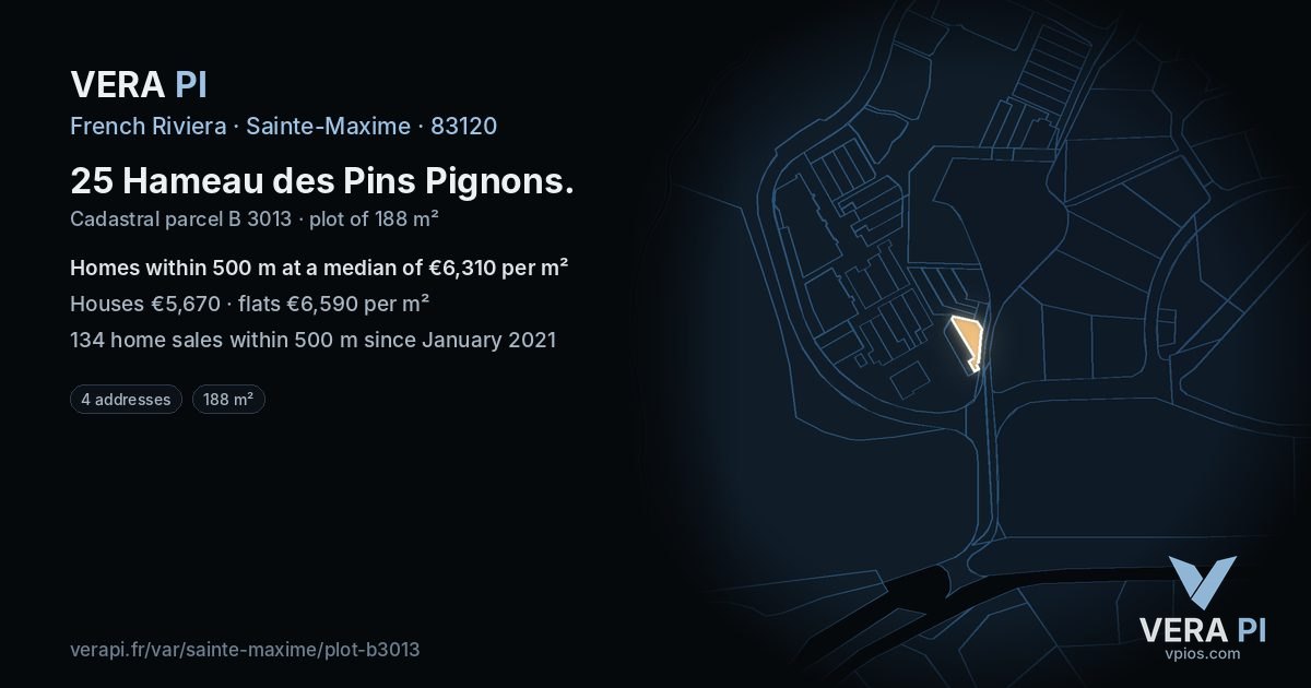 25 Hameau des Pins Pignons, Sainte-Maxime at night – the plot lit, the parcels around coloured by the prices near them