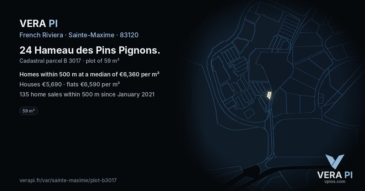 24 Hameau des Pins Pignons, Sainte-Maxime at night – the plot lit, the parcels around coloured by the prices near them