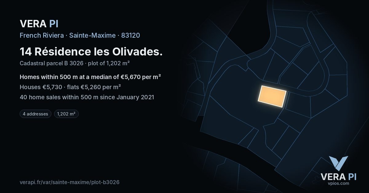 14 Résidence les Olivades, Sainte-Maxime at night – the plot lit, the parcels around coloured by the prices near them