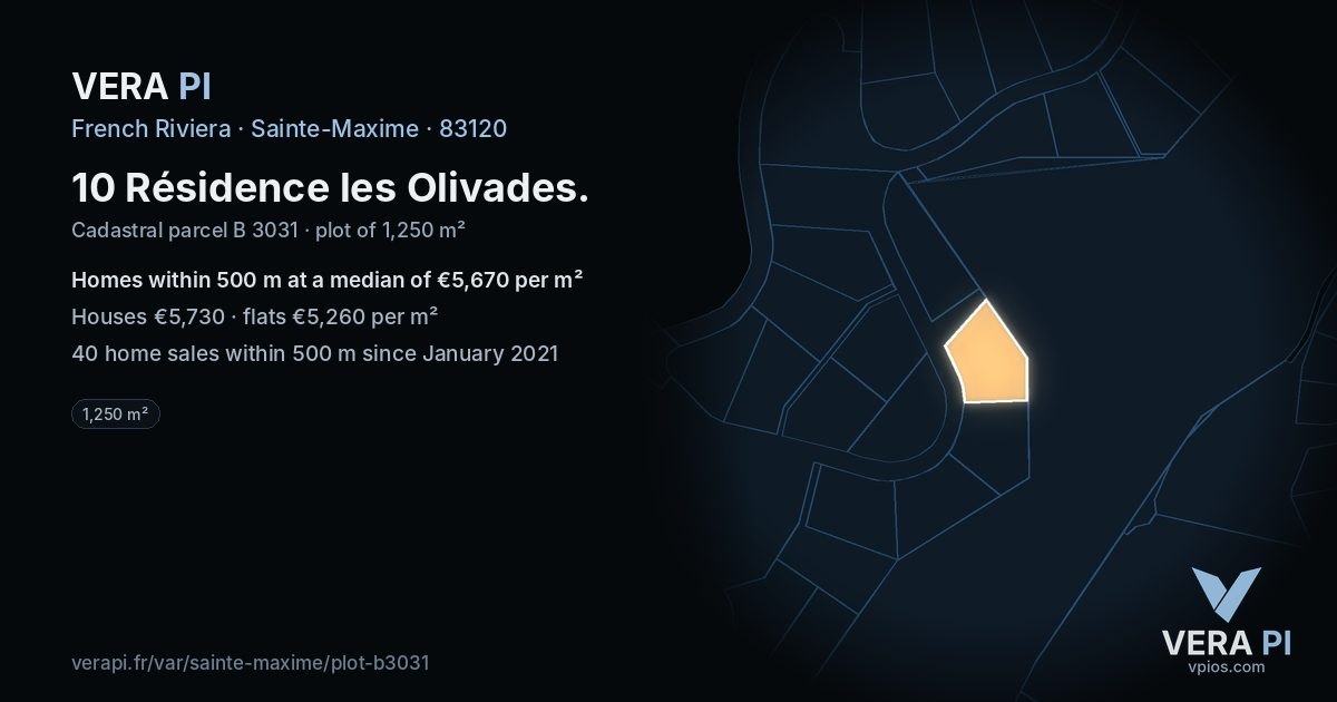 10 Résidence les Olivades, Sainte-Maxime at night – the plot lit, the parcels around coloured by the prices near them